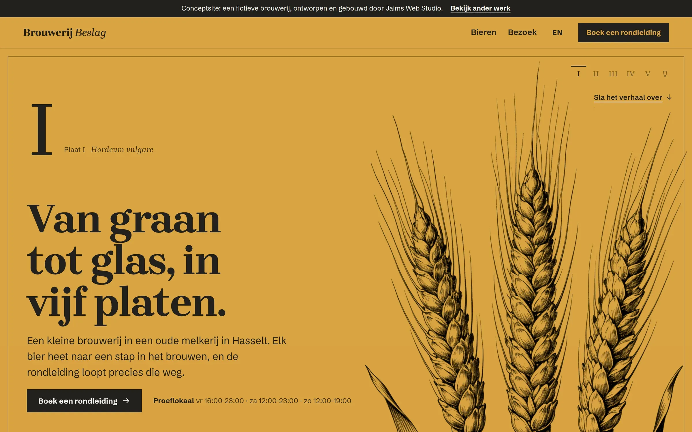 De startpagina van Brouwerij Beslag op een breed scherm: een goudgele plaat met een grote Romeinse I, de titel en een tekening van gerstaren.